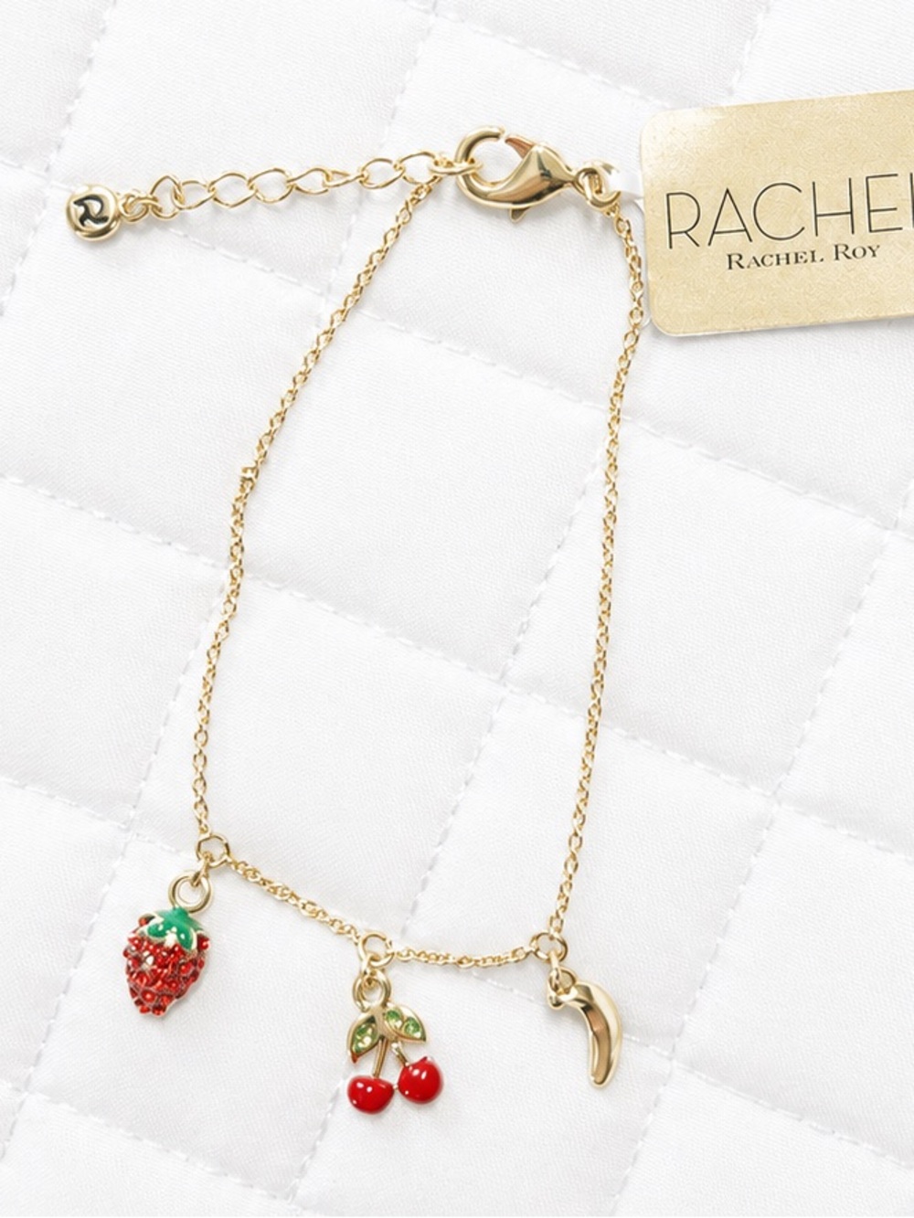 Rachel Roy Gold Fruit Charm Bracelet with Strawberry & Cherries NWT